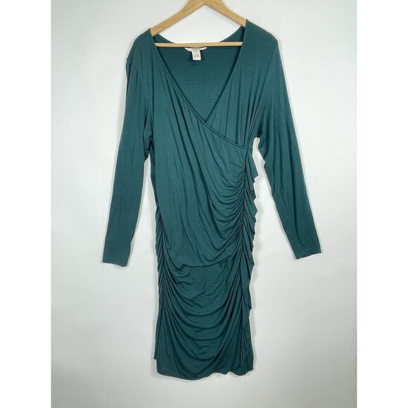 Sundance Green Wrap Front Long Sleeve Ruffle Pullover Stretch Dress Womens Large - Picture 1 of 7